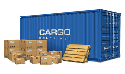 cargo shipping container with crates and boxes to be packed, loaded and shipped as part of the process of drayage